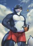  2022 ambient_bird anthro avian bandanna belly beverage big_belly bird black_body black_tail black_tongue blue_bandanna blue_eyes blue_kerchief blue_sky cetacean cloud dated delphinoid front_view glistening glistening_eyes group hi_res holding_beverage holding_object kerchief lostgoose male mammal marine multicolored_tongue muscular muscular_anthro muscular_male navel oceanic_dolphin orca overweight overweight_anthro overweight_male pink_tongue portrait signature sky solo_focus sparkles teeth three-quarter_portrait tongue toothed_whale two_tone_tongue white_body white_tail 