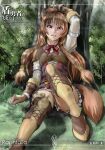  1girl against_tree animal_ears arm_up armor boots breastplate brown_gloves brown_hair character_name copyright_name day gloves hair_tubes highres leaning_back leather_armor long_hair looking_at_viewer miniskirt neck_ribbon outdoors raccoon_ears raccoon_girl raccoon_tail raphtalia red_ribbon ribbon shiny shiny_hair shirosai_nekocha shoulder_armor sitting skirt solo sunlight tail tate_no_yuusha_no_nariagari thigh_boots tree very_long_hair zettai_ryouiki 
