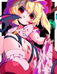  1girl :q ascot black_background blonde_hair blood blood_on_clothes blood_on_face blood_on_leg bobby_socks fingernails flandre_scarlet frilled_shirt_collar frilled_skirt frilled_socks frills from_below hair_between_eyes hat laevatein_(touhou) looking_at_viewer looking_down medium_hair mob_cap multicolored_wings nail_polish puffy_short_sleeves puffy_sleeves qmu red_eyes red_footwear red_nails red_skirt red_vest sharp_fingernails shirt short_sleeves side_ponytail simple_background skirt skirt_hold socks solo tongue tongue_out touhou vest white_shirt wings yellow_ascot 