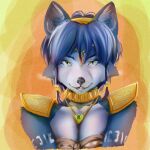  accessory anthro blue_body blue_fur breast_squeeze breasts choker female fur green_eyes headband jewelry krystal nahadon necklace nintendo portrait smile solo star_fox video_games 