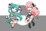  2girls arm_up blush bun_cover chibi closed_mouth double_bun full_body grey_background hair_between_eyes hair_bun hatsune_miku knees_together_feet_apart long_hair long_sleeves looking_at_viewer megurine_luka multiple_girls pink_hair project_diva_(series) shirt skirt sleeveless sleeveless_shirt smile spot_color standing standing_on_one_leg tomiro twintails very_long_hair vocaloid white_background world&#039;s_end_dancehall_(vocaloid) 