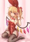  1girl :d animal_ears bare_shoulders blonde_hair bow bowtie breasts crystal detached_collar fishnet_thighhighs fishnets flandre_scarlet full_body garter_straps highres leotard looking_at_viewer medium_hair naegi_(naegidokoro) nail_polish one_side_up open_mouth pink_nails rabbit_ears rabbit_tail red_bow red_bowtie red_eyes red_leotard seiza side_ponytail sitting small_breasts smile solo tail thighhighs touhou wings wrist_cuffs 