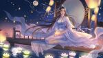  1girl bare_legs beads black_hair branch bridge closed_mouth dress expressionless facial_mark flower forehead_mark hair_bun hair_tie highres lantern lantern_festival long_hair looking_to_the_side lotus lu_c lu_xueqi_(zhu_xian) paper_lantern sash sitting sky_lantern solo water white_dress zhu_xian 