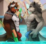  anthro barazoku breasts bulge canid canine canis clothed clothing digital_media_(artwork) duo fur hair horn hybrid kemono male male/male mammal muscular muscular_anthro muscular_male nipples nude speedo swimming_pool swimwear tongue vitaly_(artist) wet wet_body wolf 