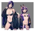  2girls bangs banned_artist bare_shoulders bikini black_bikini black_coat black_jacket black_nails border breasts buckle cleavage closed_mouth coat collar collarbone cropped_legs ear_piercing fang fate/grand_order fate_(series) fingernails fur-trimmed_coat fur_trim grey_background groin head_tilt highres horns iwamoto_eiri jacket jewelry large_breasts long_fingernails looking_at_viewer lowleg lowleg_bikini minamoto_no_raikou_(fate) multiple_girls multiple_rings nail_polish navel necklace oni_horns open_clothes open_coat open_jacket open_mouth outside_border parted_bangs piercing pointy_ears purple_eyes purple_hair ring short_hair shuten_douji_(fate) simple_background skin-covered_horns small_breasts smile stomach swimsuit tongue tongue_out unzipped white_border 