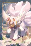  1girl absurdres all_fours animal_ears blonde_hair breasts brown_eyes claws dark-skinned_female dark_skin extra_arms faputa fewer_digits flower hand_to_own_mouth highres looking_at_viewer made_in_abyss multicolored_hair multiple_tails outdoors outside_border parted_lips small_breasts solo streaked_hair tail white_flower white_fur white_hair yurayura_(mdeh5447) 