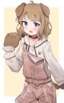  1girl :o animal_ears animal_hands blue_eyes blush character_request check_character collar commentary cowboy_shot dog_ears dog_tail drawstring fang fur-trimmed_sleeves fur_trim gloves highres hood hood_down hoodie idolmaster idolmaster_cinderella_girls light_brown_hair long_sleeves looking_at_viewer medium_hair overall_shorts overalls paw_gloves sakurai_momoka shone simple_background solo tail yellow_background 