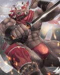  1boy abs absurdres ass_visible_through_thighs bara blurry blurry_background brown_fur bulge cloud cloudy_sky dawn fundoshi furry furry_female furry_male gauntlets headband highres holding holding_sword holding_weapon japanese_clothes katana large_pectorals leg_armor looking_at_viewer male_focus male_underwear manly mature_male miazuma_shouki muscular muscular_male navel ninja nipples outdoors pectorals scabbard scar scroll sheath sky solo spiked_hair sun sunlight sweat sweatdrop sword tadatomo_(housamo) thick_arms thick_thighs thighs tokyo_afterschool_summoners underwear weapon white_hair 