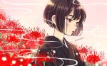  1girl bangs black_hair black_kimono blush closed_mouth commentary flower from_side japanese_clothes kimono lipstick makeup original pink_background red_eyes red_flower red_lips shiny shiny_hair short_hair signature solo spider_lily sugano_manami upper_body 