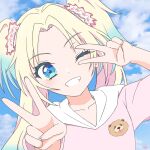  1girl ;d animal_print arm_up blonde_hair blue_eyes blue_hair blue_sky collarbone commentary dog_print double_v fang flower gradient_hair grin hair_flower hair_ornament hand_up highres hood hoodie light_blue_hair link!_like!_love_live! long_hair looking_at_viewer love_live! multicolored_hair one_eye_closed osawa_rurino parted_bangs pink_flower pink_hoodie print_hoodie ryu12182528 sky smile solo twintails upper_body v v-shaped_eyebrows v_over_eye 