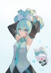 &gt;_&lt; 1girl absurdres aqua_eyes aqua_hair aqua_necktie armpits arms_up black_skirt black_sleeves blue_background blush bow cinnamiku cinnamoroll closed_mouth collared_shirt cowboy_shot creature dated detached_sleeves floating folded_hair gradient gradient_background grey_shirt hair_bow hatsune_miku heart highres kuweichuanxin_jr long_hair long_sleeves looking_at_viewer necktie shirt skirt smile solo vocaloid white_background white_bow 