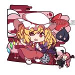 2girls absurdres apdownleftright ascot black_skirt black_vest blonde_hair chibi clock clock_tower closed_mouth fang flandre_scarlet frilled_shirt_collar frilled_sleeves frills full_body hat hat_ribbon head_wings highres holding holding_polearm holding_weapon koakuma laevatein_(touhou) long_hair looking_at_viewer medium_hair mob_cap multicolored_wings multiple_girls necktie no_shoes open_mouth pink_hair polearm puffy_short_sleeves puffy_sleeves red_eyes red_necktie red_ribbon red_skirt red_vest ribbon ribbon-trimmed_legwear ribbon_trim sample_watermark shirt short_sleeves side_ponytail skirt skirt_set smile socks touhou tower vest weapon white_headwear white_shirt white_socks wings yellow_ascot 
