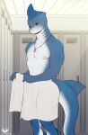  absurd_res anthro black_eyes blue_body blue_tail eldiman eyebrows fish gills hi_res inside locker locker_room looking_at_viewer marine nipples pecs shark towel towel_only 