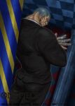  1boy back black_suit buzz_cut commentary_request copyright_name cowboy_shot crossed_arms dark dark-skinned_male dark_skin daz_bones glint grey_hair looking_back male_focus muscular muscular_male official_art one_piece one_piece_card_game rofta_55 scar scar_on_face short_hair solo suit very_short_hair 
