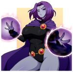  1girl absurdres bare_hips black_leotard blue_cloak breasts cape cloak colored_skin curvy dc_comics forehead_jewel grey_skin highres large_breasts leotard looking_at_viewer purple_eyes purple_hair raven_(dc) simmsy solo teen_titans thick_thighs thighs 
