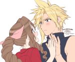  aerith_gainsborough artist_name bangs bare_arms blonde_hair blue_eyes blue_shirt blush braid braided_ponytail cloud_strife dated earrings final_fantasy final_fantasy_vii final_fantasy_vii_remake green_eyes hair_between_eyes hair_ribbon high_five jacket jewelry krudears long_hair looking_at_another open_mouth parted_bangs pink_ribbon red_jacket ribbon shirt short_hair sidelocks single_earring sketch sleeveless sleeveless_turtleneck smile spiked_hair turtleneck twitter_username upper_body wavy_hair white_background 