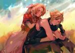  1boy 1girl aerith_gainsborough armor bandaged_arm bandages bangle bangs bare_shoulders belt blonde_hair blue_eyes blurry blurry_foreground blush bracelet braid braided_ponytail breasts choker cleavage cloud cloud_strife cloudy_sky cropped_jacket dress feet_out_of_frame final_fantasy final_fantasy_vii final_fantasy_vii_remake gloves grass green_eyes hair_between_eyes hair_ribbon head_on_hand heart jacket jewelry leaning_forward leaning_on_person long_dress long_hair looking_at_another one_eye_closed outdoors pants parted_bangs pink_dress pink_ribbon puckered_lips red_jacket ribbon sera_(serappi) short_hair short_sleeves shoulder_armor sidelocks sitting sky sleeveless sleeveless_turtleneck spiked_hair turtleneck 