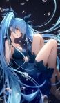  1girl absurdres air_bubble ame_816 bare_arms bare_legs bare_shoulders black_ribbon blue_dress blue_eyes blue_hair blush breasts bubble cleavage dress feet_out_of_frame floating_hair frilled_dress frills hair_ribbon hatsune_miku highres knees_up long_hair looking_at_viewer medium_breasts parted_lips ribbon shinkai_shoujo_(vocaloid) sleeveless sleeveless_dress solo twintails underwater vocaloid water 