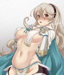  1girl amor arm_guards armor bangs blue_cape blush breast_curtains breasts cape collar corrin_(fire_emblem) embarrassed fire_emblem fire_emblem_fates gloves groin hair_between_eyes hair_ornament hairband hairpin headband highres karashino large_breasts loincloth long_hair looking_at_viewer navel open_mouth pelvic_curtain pointy_ears red_eyes simple_background solo thighs wavy_hair white_hair 