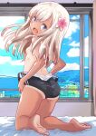  1girl bed black_one-piece_swimsuit blonde_hair blue_eyes breasts clothes_pull commentary_request from_behind fuji_(pixiv24804665) hair_ribbon highres kantai_collection kneeling long_hair looking_at_viewer one-piece_tan open_mouth ribbon ro-500_(kancolle) small_breasts solo swimsuit swimsuit_pull swimsuit_under_clothes tan tanlines window 