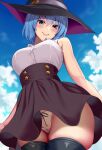  1girl bare_shoulders blue_eyes blue_hair blush breasts hat high-waist_skirt huyumitsu large_breasts long_sleeves original panties short_hair skirt solo thighhighs underwear white_panties witch witch_hat 