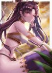  1girl absurdres armlet black_bow black_panties blurry blurry_foreground bow bra breasts breasts_apart brown_hair closed_mouth covered_nipples crossed_legs fate/grand_order fate_(series) floating_hair ganmenkurei_(ani) hair_bow head_rest highres ishtar_(fate) long_hair medium_breasts navel panties purple_thighhighs red_eyes shiny shiny_hair sitting smile solo thighhighs twintails underwear very_long_hair white_bra 