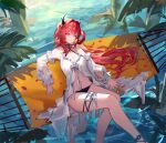  1girl absurdres arknights bare_shoulders bikini black_bikini breasts cleavage demon_horns detached_sleeves feet_up hair_between_eyes hair_intakes hammock highres horns large_breasts long_hair long_sleeves mkt_(pixiv15187870) navel official_alternate_costume plant purple_eyes red_hair shirt solo surtr_(arknights) surtr_(colorful_wonderland)_(arknights) swimsuit thigh_strap thighs very_long_hair water white_shirt white_sleeves 