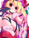 1girl :q ascot blonde_hair bobby_socks fingernails flandre_scarlet frilled_shirt_collar frilled_skirt frilled_socks frills from_below hair_between_eyes hat laevatein_(touhou) looking_at_viewer looking_down medium_hair mob_cap multicolored_wings nail_polish pink_background puffy_short_sleeves puffy_sleeves qmu red_eyes red_footwear red_nails red_skirt red_vest sharp_fingernails shirt short_sleeves side_ponytail simple_background skirt skirt_hold socks solo tongue tongue_out touhou vest white_shirt wings yellow_ascot 