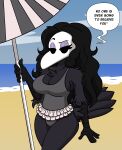  absurd_res animal_humanoid anthro avian avian_humanoid beach beach_umbrella breasts cleavage clothed clothing dialogue female harry_amor&oacute;s hi_res humanoid ingrid_(harry_amoros) ingrid_the_plague_doctor seaside solo swimwear 
