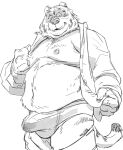  2022 anthro belly big_belly bulge clothed clothing felid humanoid_hands kemono male mammal moobs navel nipples open_clothing open_shirt open_topwear overweight overweight_male pantherine shirt solo tiger topwear underwear undressing yamakake 