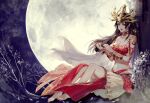  1girl artist_request bare_legs black_hair cai_lin_(doupo_cangqiong) doupo_cangqiong dress feathers flower highres holding holding_feather long_hair moon navel night petals pointy_ears red_dress red_skirt second-party_source sitting skirt smile solo strapless tree tube_top 