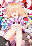  1girl ^_^ absurdres back_bow blonde_hair blurry blurry_background bow calpis118 character_doll closed_eyes fang feet_out_of_frame flandre_scarlet frilled_skirt frills hair_between_eyes happy hat highres holding holding_stuffed_toy long_hair mob_cap multicolored_wings open_mouth pink_headwear puffy_short_sleeves puffy_sleeves purple_hair red_skirt remilia_scarlet shiny shiny_hair shirt short_sleeves side_ponytail skirt solo stuffed_animal stuffed_toy teddy_bear teeth touhou upper_teeth white_bow white_headwear white_shirt wings 