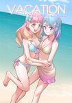  2girls :d aikatsu!_(series) aikatsu_friends! bangs bare_legs beach bikini blonde_hair blue_bikini blue_bow blue_hair blunt_bangs bow breast_press breasts cleavage closed_mouth day front-tie_bikini_top front-tie_top gradient_bikini gradient_hair hair_bow hair_ornament highres long_hair looking_at_viewer medium_breasts minato_mio multicolored_hair multiple_girls ocean ogry_ching open_mouth orange_eyes pink_bikini pink_hair purple_eyes purple_hair purple_ribbon ribbon sarong side-tie_bikini_bottom small_breasts smile standing standing_on_one_leg star_(symbol) star_hair_ornament strap_gap summer swimsuit yellow_bikini yuuki_aine 