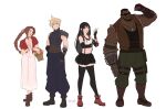  2boys 2girls adjusting_clothes adjusting_gloves aerith_gainsborough arm_up armor artist_name asymmetrical_hair baggy_pants bandaged_arm bandages bangle bangs bare_shoulders barret_wallace basket beard belt black_bra black_gloves black_hair black_shirt black_skirt black_thighhighs blonde_hair blue_eyes blue_shirt boots bra bracelet braid braided_ponytail breasts brown_footwear brown_hair brown_vest chest_hair choker cloud_strife crop_top cropped_jacket dark-skinned_male dark_skin dog_tags dress elbow_gloves facial_hair final_fantasy final_fantasy_vii final_fantasy_vii_remake fingerless_gloves flower_basket flower_choker full_body gloves green_eyes green_pants gun hair_ribbon hand_on_hip holding holding_basket holster jacket jewelry long_dress long_hair long_sleeves looking_at_another looking_at_viewer low-tied_long_hair medium_breasts midriff multiple_belts multiple_boys multiple_girls muscular muscular_male own_hands_clasped own_hands_together pants parted_bangs pink_dress pink_ribbon prosthetic_weapon puffy_short_sleeves puffy_sleeves red_eyes red_footwear red_jacket ribbon scar scar_on_cheek scar_on_face shirt short_hair short_sleeves shoulder_armor sidelocks skirt sleeveless sleeveless_shirt sleeveless_turtleneck smile spiked_hair sports_bra standing sunglasses suspenders thigh_holster thighhighs tifa_lockhart torn_clothes torn_sleeves turtleneck underwear vanekairi very_short_hair vest weapon white_background white_shirt 