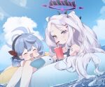  absurdres ahoge ako_(blue_archive) bangs bendy_straw blue_archive blue_hair blue_hairband blue_one-piece_swimsuit cup demon_horns disposable_cup drink drinking_straw duck_innertube hair_ornament hairband hairclip halo highres hina_(blue_archive) hina_(swimsuit)_(blue_archive) horns long_hair multiple_horns official_alternate_costume oldweek parted_bangs purple_eyes school_swimsuit swimsuit whistle whistle_around_neck white_hair 