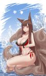  1girl absurdres akagi_(azur_lane) animal_ears azur_lane bangs bare_arms bare_legs bare_shoulders barefoot bikini black_bikini blue_sky blunt_bangs blush breasts brown_hair closed_mouth day fox_ears fox_girl fox_tail front-tie_bikini_top front-tie_top highres ichikushi_mojibake large_breasts layered_bikini long_hair looking_at_viewer mouth_hold multiple_tails navel one_knee outdoors popsicle_stick red_bikini red_eyes red_ribbon ribbon scrunchie side-tie_bikini_bottom skindentation sky solo stomach straight_hair swimsuit tail very_long_hair wrist_scrunchie 