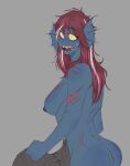  anthro blue_body bodily_fluids breasts butt fangs female fish hair hi_res marine nipples nude open_mouth red_hair scar simple_background solo sweat thick_thighs tongue undertale_(series) undyne whiteartblood yellow_eyes 