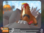  2022 absurd_res animal_genitalia animal_penis balls canine_penis claws english_text entei erection feral fur generation_2_pokemon genitals hi_res knot lava legendary_pokemon logo looking_at_viewer looking_down looking_down_at_viewer male mountain nature new_pokemon_snap nintendo outside penis photo picture_frame pokemon pokemon_(species) red_body red_eyes red_fur solo text varium video_games volcano 