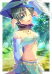  1girl ;d arms_behind_back au_ra bangs bare_shoulders black_hair blue_eyes blue_flower blue_headwear blue_skirt blurry blurry_background breasts cleavage commentary_request commission depth_of_field detached_sleeves dragon_girl dragon_horns dragon_tail final_fantasy final_fantasy_xiv flower hair_between_eyes hat hat_flower horns kou_hiyoyo looking_at_viewer medium_breasts navel one_eye_closed parted_bangs scales skeb_commission skirt smile solo tail white_flower white_sleeves 