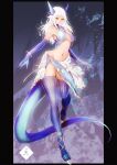  abstract_background alternate_species aurelia_(vanguard) blue_clothing breasts clothing dragon female gloves gold_(metal) gold_jewelry gold_markings hair handwear hi_res human humanoid humanoidized jewelry legwear long_ears mabo9317 mammal markings monster_girl_(genre) navel smooth_skin solo thick_tail thigh_highs white_hair yellow_eyes 