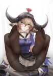  1girl :o absurdres animal_ears arknights bangs black_footwear black_gloves black_pantyhose blue_gloves blush breasts brown_hair cow_ears cow_girl cow_horns feet gloves green_eyes grey_skirt hair_between_eyes highres horns legs_up long_hair looking_at_viewer miniskirt onedr pallas_(arknights) panties panties_under_pantyhose pantyhose parted_lips purple_shirt shirt shoes shoes_removed short_sleeves simple_background sitting skirt small_breasts soles solo spread_legs thighband_pantyhose toes two-tone_gloves underwear upskirt veil white_background white_panties 