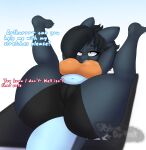  anthro arthur_(snowyblue1) big_breasts big_butt black_body black_clothing black_hair black_skin blue_body blue_skin bottomwear breasts butt clothing crop_top dialogue digital_media_(artwork) dragon eva_(snowyblue1) female folded hair hands_behind_head hi_res huge_butt multicolored_body navel nipples_visible_through_clothing orange_clothing presenting shirt shorts snowyblue1 solo stretching thick_thighs topwear two_tone_body watermark yellow_eyes 