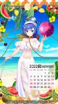  1girl anklet bangs bare_shoulders beach blue_eyes blue_hair blue_nails blue_sky blush breasts calendar_(medium) chain cleavage clothing_cutout collar collarbone copyright_name dress earth_(ornament) floral_print flower food fruit gradient_hair hecatia_lapislazuli hecatia_lapislazuli_(earth) highres jewelry kiwi_(fruit) legs long_dress looking_at_viewer medium_hair moon_(ornament) multicolored_hair nail_polish navel ocean official_art official_wallpaper palm_tree pantyhose pineapple pineapple_slice polos_crown side_slit sky smile standing stomach_cutout thighs touhou touhou_lost_word tree underworld_(ornament) watermelon wavy_hair white_dress white_pantyhose wristband yellow_flower 