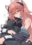  1girl 1other :d animal_ear_fluff animal_ears arknights bare_shoulders black_gloves blush bracelet doctor_(arknights) gloves gravel_(arknights) headgear heart highres hug infection_monitor_(arknights) jewelry long_hair long_sleeves looking_at_another looking_down mask off_shoulder parted_lips pink_hair red_eyes shino_duka simple_background smile sweatdrop upper_body white_background 