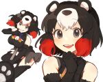  03sa40 1girl animal_ears bear_ears bear_girl bear_paw_hammer bear_tail black_fur black_hair black_leotard black_thighhighs blue_bow blue_bowtie blush bow bowtie brown_eyes cleavage_cutout clothing_cutout commentary_request frilled_leotard frills fur_trim higumamon_(kemono_friends) kemono_friends leotard long_sleeves looking_at_viewer multicolored_hair multiple_views own_hands_together red_hair short_hair sidelocks smile solo tail thighhighs white_hair zettai_ryouiki 