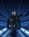 2022 absurd_res angry anthro black_nose bottomwear canid canine canis clothed clothing eyebrows fangs footwear front_view fully_clothed fur gloves gun handwear hi_res holding_gun holding_object holding_weapon mammal pants ranged_weapon running solo teeth weapon wolf xxsparcoxx 