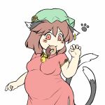  1girl :3 animal_ears bell blush_stickers brown_hair cat_ears cat_tail chen earrings fang fat flat_color food hat jewelry looking_at_viewer mob_cap mouth_hold multiple_tails nekomata paw_pose single_earring slnchyt solo tail touhou 