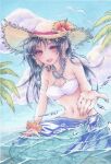  1girl absurdres bird breasts brown_headwear collarbone day flower hat hat_flower highres looking_at_viewer mermaid monster_girl navel ocean open_mouth original outdoors outstretched_hand painting_(medium) palm_tree red_eyes red_flower seagull small_breasts solo straw_hat swimsuit tpamjdsta_(usatokurasu) traditional_media tree watercolor_(medium) 