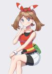  1girl bike_shorts bike_shorts_under_shorts blush bow_hairband bracelet brown_hair closed_mouth collarbone commentary_request crossed_legs fanny_pack green_bag grey_background grey_eyes hairband hand_up highres jewelry may_(pokemon) medium_hair notdes1re_(tbot7) pokemon pokemon_(game) pokemon_oras shirt short_shorts shorts sleeveless sleeveless_shirt smile solo white_shorts 