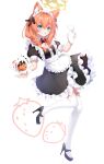  1girl aoitsuki apron bangs black_dress blue_archive blue_eyes blush braid dress frilled_apron frills high_heels highres long_hair maid maid_apron maid_headdress mari_(blue_archive) orange_hair puffy_short_sleeves puffy_sleeves short_sleeves single_braid skirt thighhighs waist_apron white_apron 